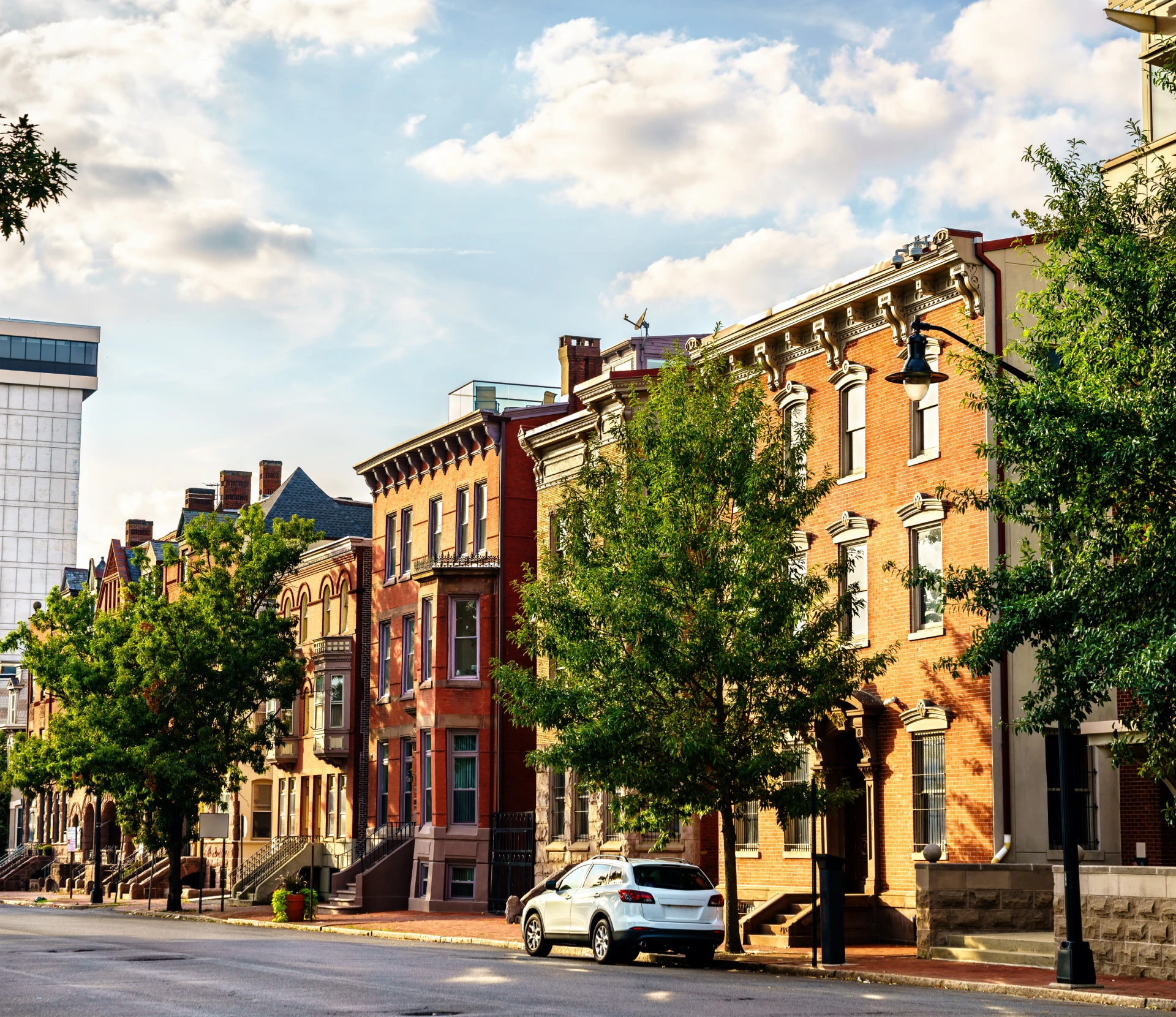 Historic brick buildings on a sunny day