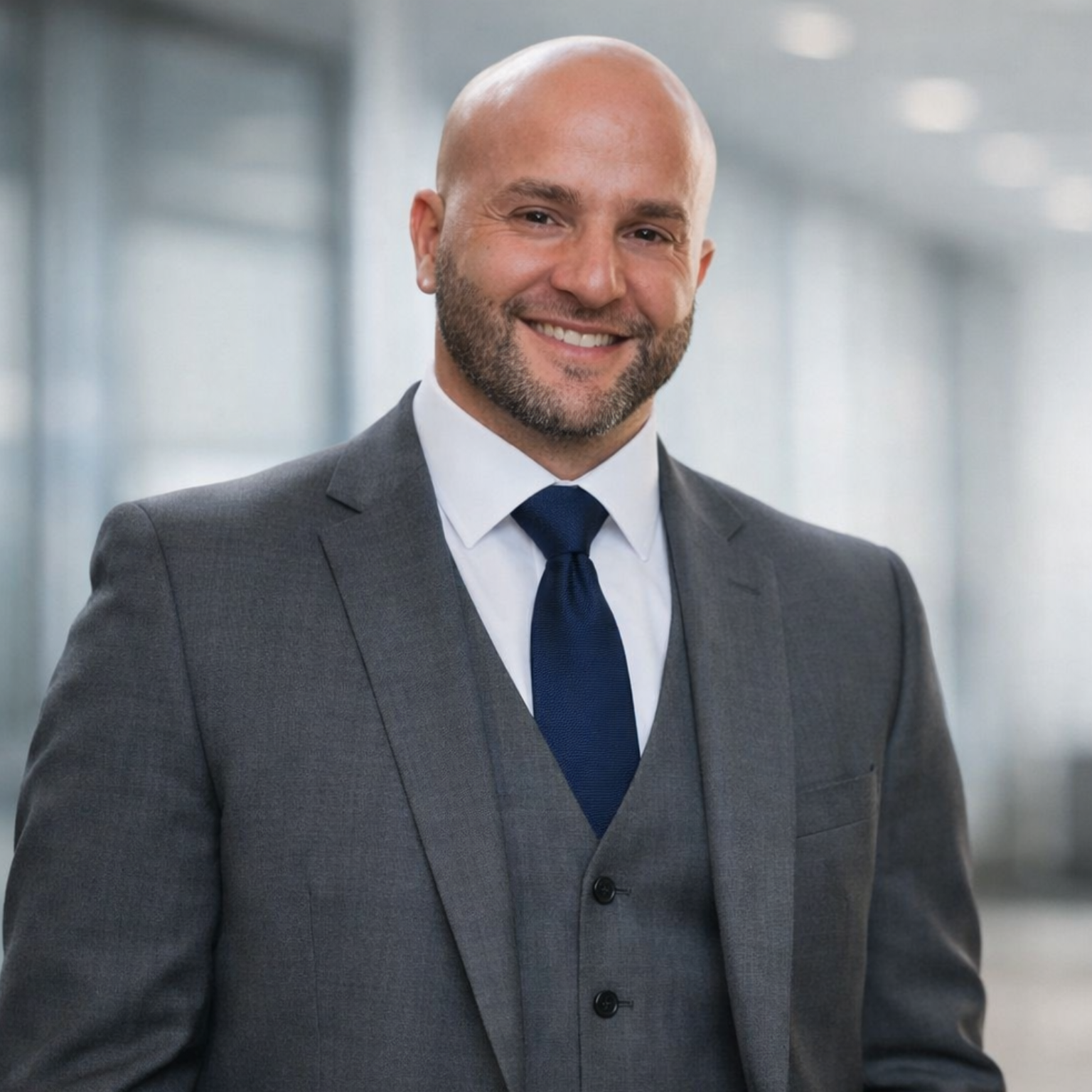 Smiling bald man in a grey suit and blue tie.